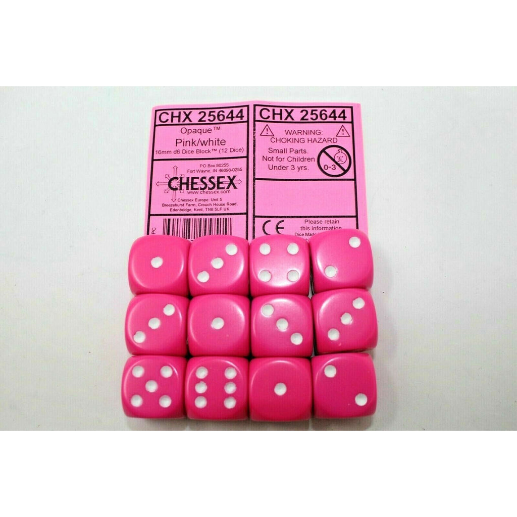 Chessex Dice 16mm D6 (12 Dice) Opaque Pink / White CHX25644 | TISTAMINIS