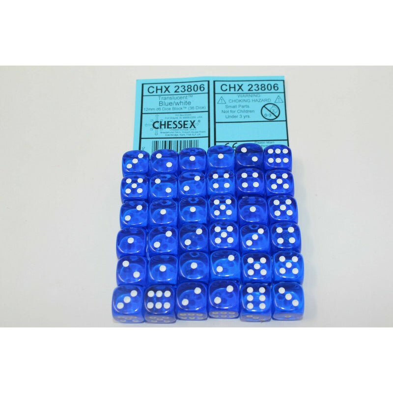 Chessex Dice 12mm D6 (36 Dice) Translucent Blue/White - CHX23806 | TISTAMINIS
