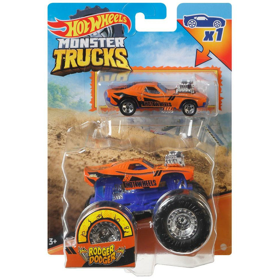 Hot Wheels Monster Trucks Orange Rodger Dodger 2-Pack Vehicles 1:64 Scale - Tistaminis
