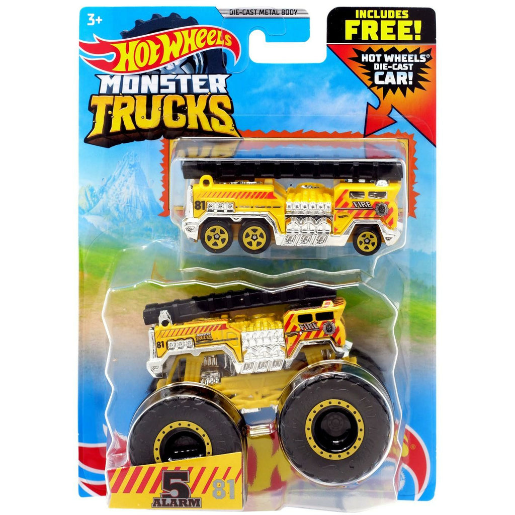 Hot Wheels Monster Trucks Yellow 5 Alarm #81 2-Pack Vehicles 1:64 Scale - Tistaminis