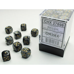 Chessex Dice 12mm D6 (36 Dice) Lustrous Black/Gold CHX27898 New - Tistaminis