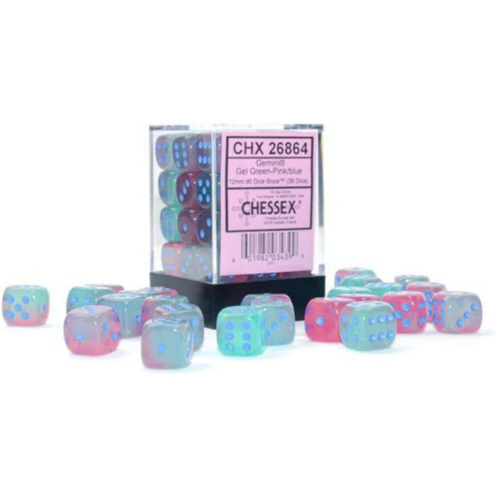 Chessex Gel Green Pink with Blue 36 Gemini 12mm Luminary Dice - CHX26864 New - Tistaminis