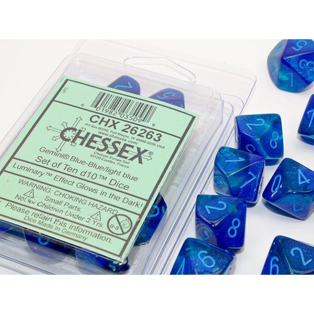 Chessex Dice Gemini Blue-Blue/Light Blue Luminary D10 x10