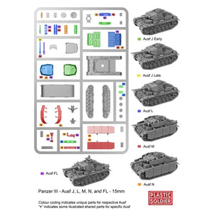 Plastic Soldier Company 15MM EZ ASSEMBLY GERMAN PANZER III J,L.M AND N TANK New - Tistaminis
