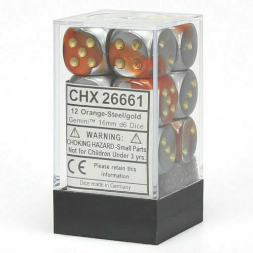 Chessex Dice Gemini: 12D6 Orange-Steel/Gold New - TISTA MINIS