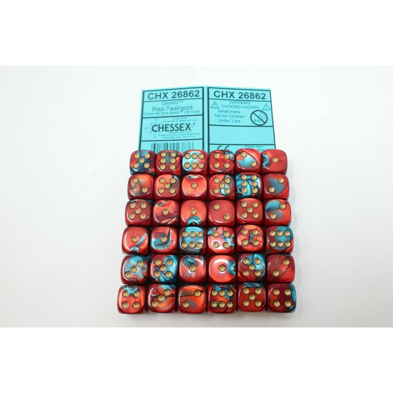 Chessex Dice 12mm D6 (36 Dice) Gemini Red - Teal / Gold - CHX 26862 - Tistaminis
