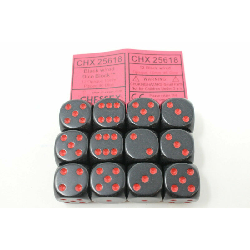 Chessex Black with Red 12 Opaque 16mm Pipped D6 Dice CHX 25618 - TISTA MINIS