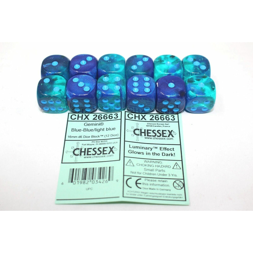 Chessex 	Blue/Light Blue 12 Gemini 16mm Luminary Dice - CHX26663 New - Tistaminis