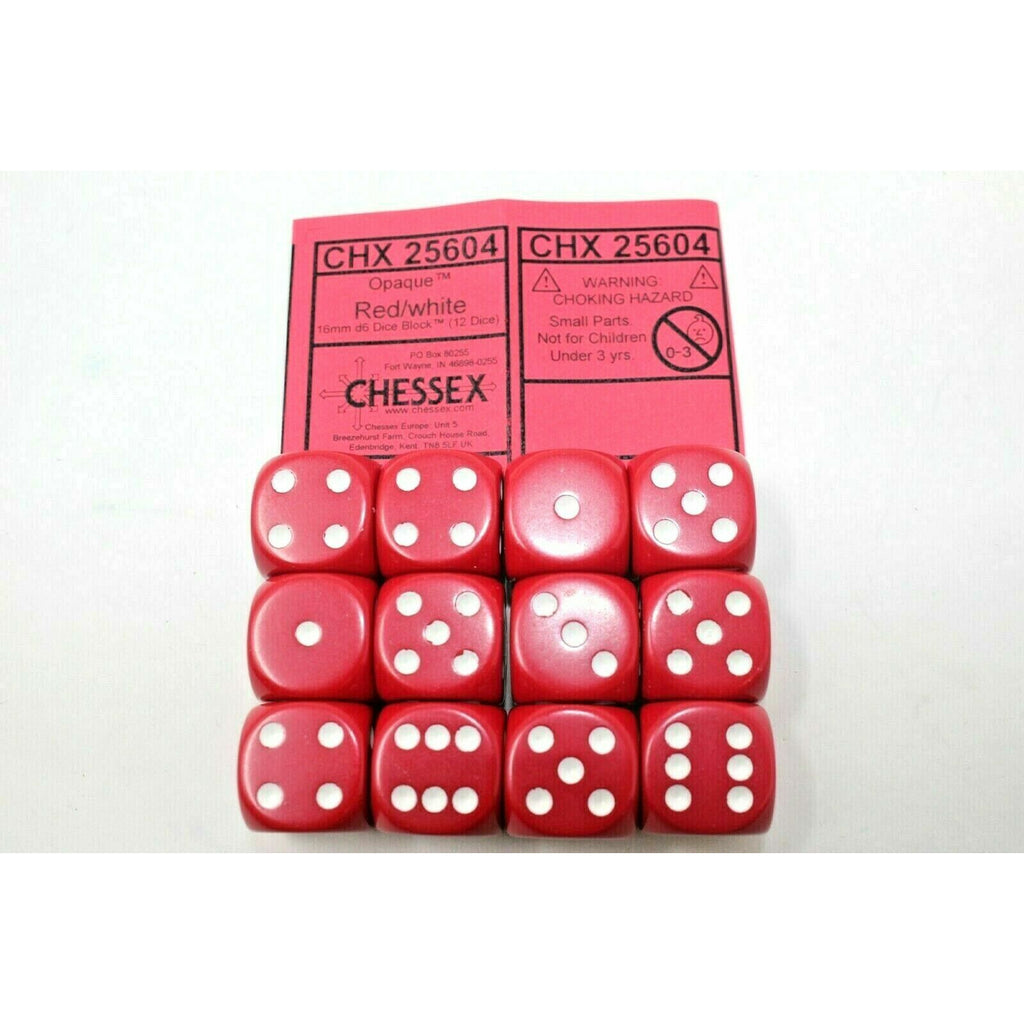 Chessex Dice 16mm D6 (12 Dice) Opaque Red / White CHX25604 | TISTAMINIS