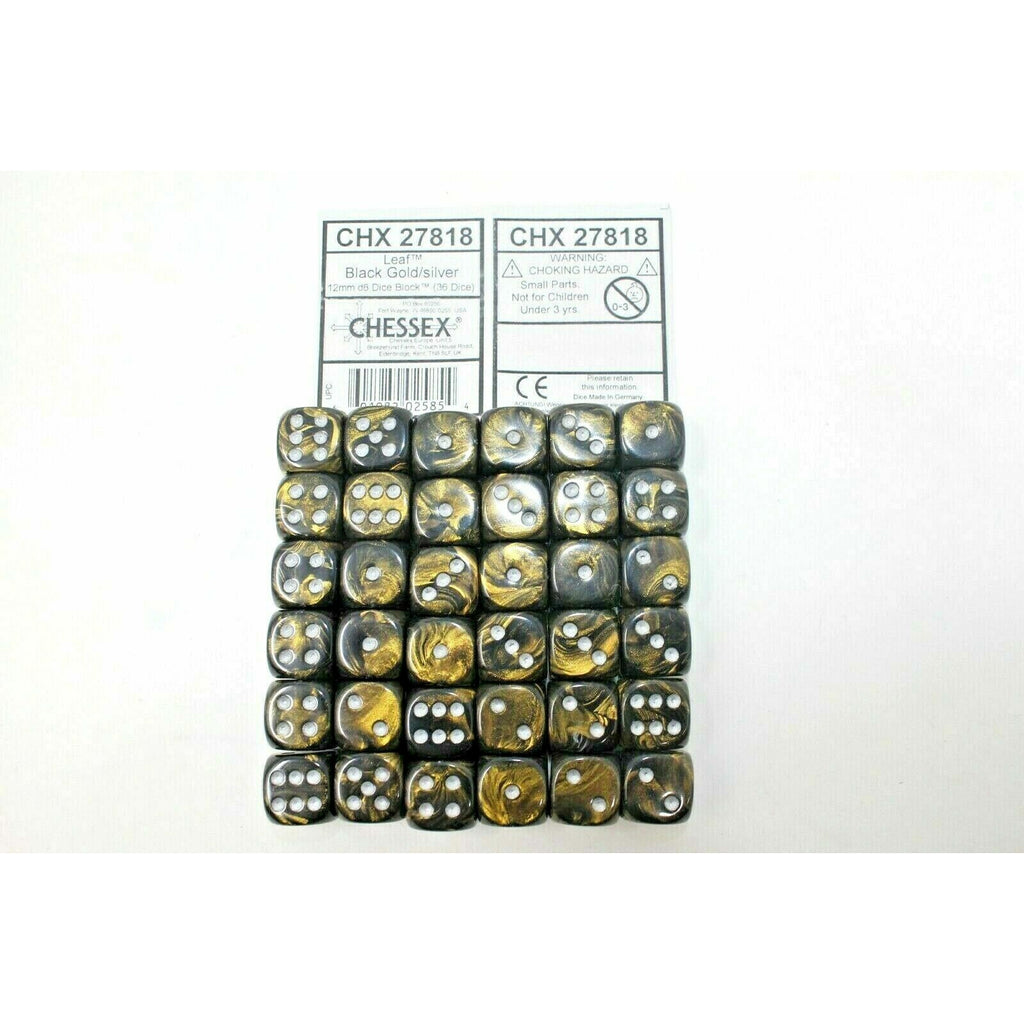 Chessex Dice 12mm D6 (36 Dice) Leaf Black Gold / Silver CHX27818 | TISTAMINIS