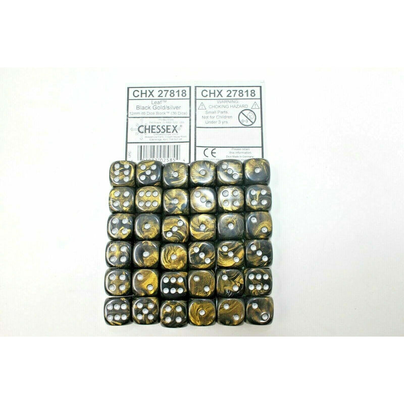 Chessex Dice 12mm D6 (36 Dice) Leaf Black Gold / Silver CHX27818 | TISTAMINIS