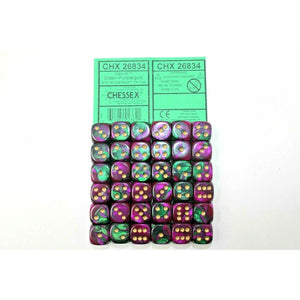 Chessex Dice 12mm D6 (36 Dice) Gemini Green - Purple / Gold CHX26834 | TISTAMINIS