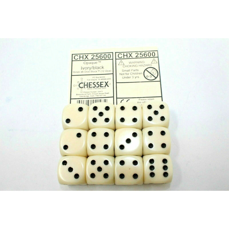 Chessex Dice 16mm D6 (12 Dice) Opaque Ivory / Black CHX25600 | TISTAMINIS