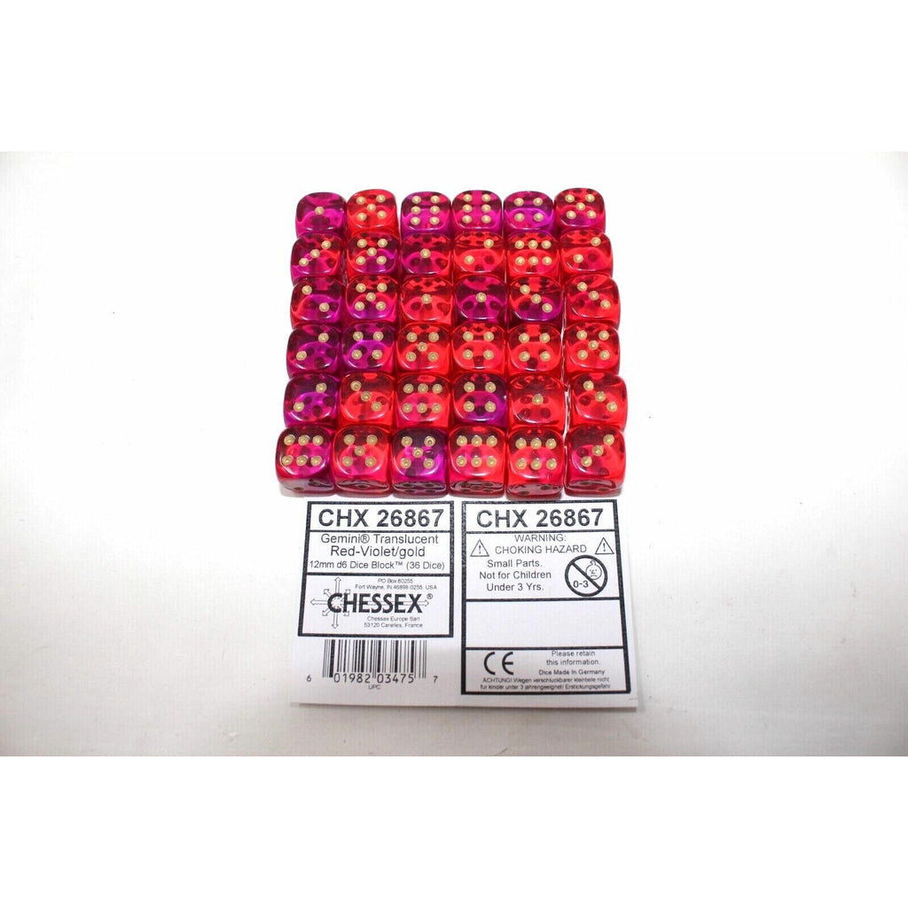 Chessex Translucent Red Violet with Gold 36 Gemini 12mm Dice - CHX26867 New - Tistaminis