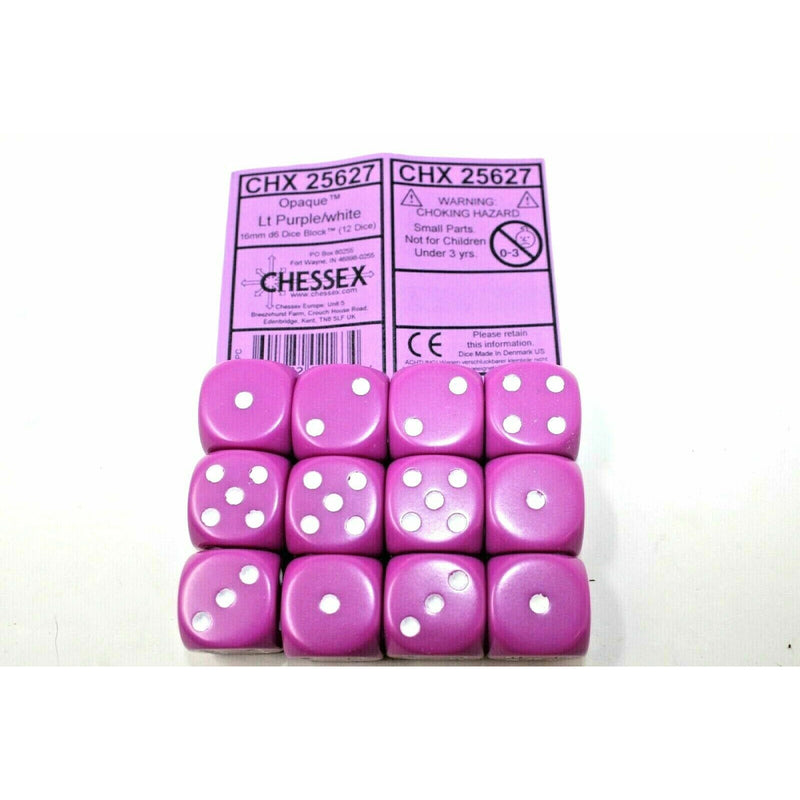 Chessex Dice 16mm D6 (12 Dice) Opaque Lt Purple / White CHX25627 | TISTAMINIS