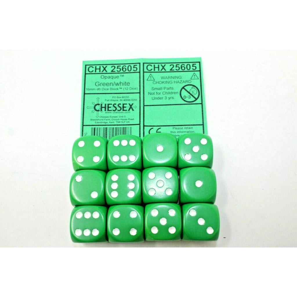 Chessex Dice 16mm D6 (12 Dice) Opaque Green / White CHX25605 | TISTAMINIS