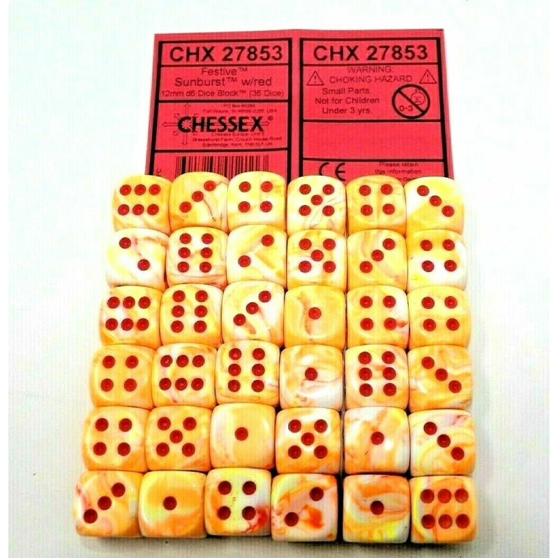 Chessex Dice 12mm D6 (36 Dice) Festive Sunburst w/Red CHX27853 - Tistaminis