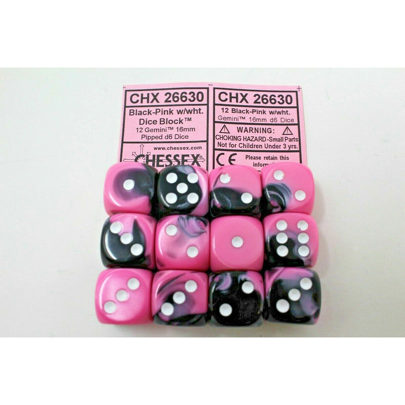Chessex Black-Pink with White 12 Gemini 16mm Pipped D6 Dice CHX 26630 - TISTA MINIS