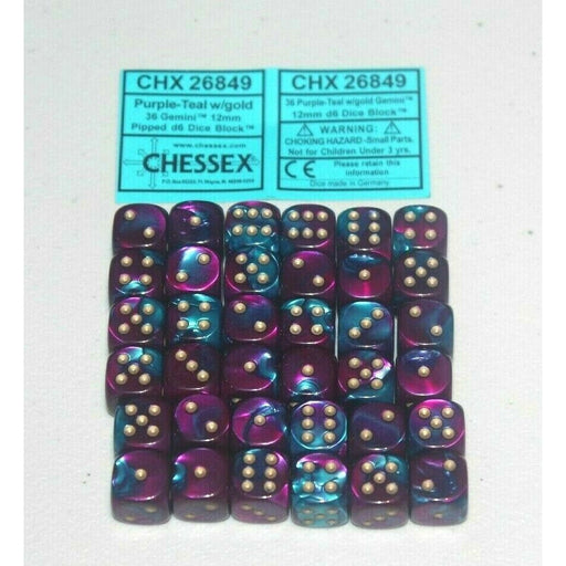 Chessex Purple Teal with Gold 36 Gemini 12mm Pipped Dice CHX 26849 | TISTAMINIS