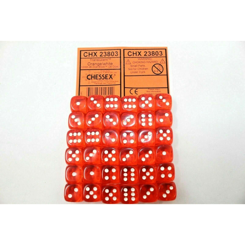 Chessex Dice 12mm D6 (36 Dice) Translucent Oranger / White CHX23803 | TISTAMINIS