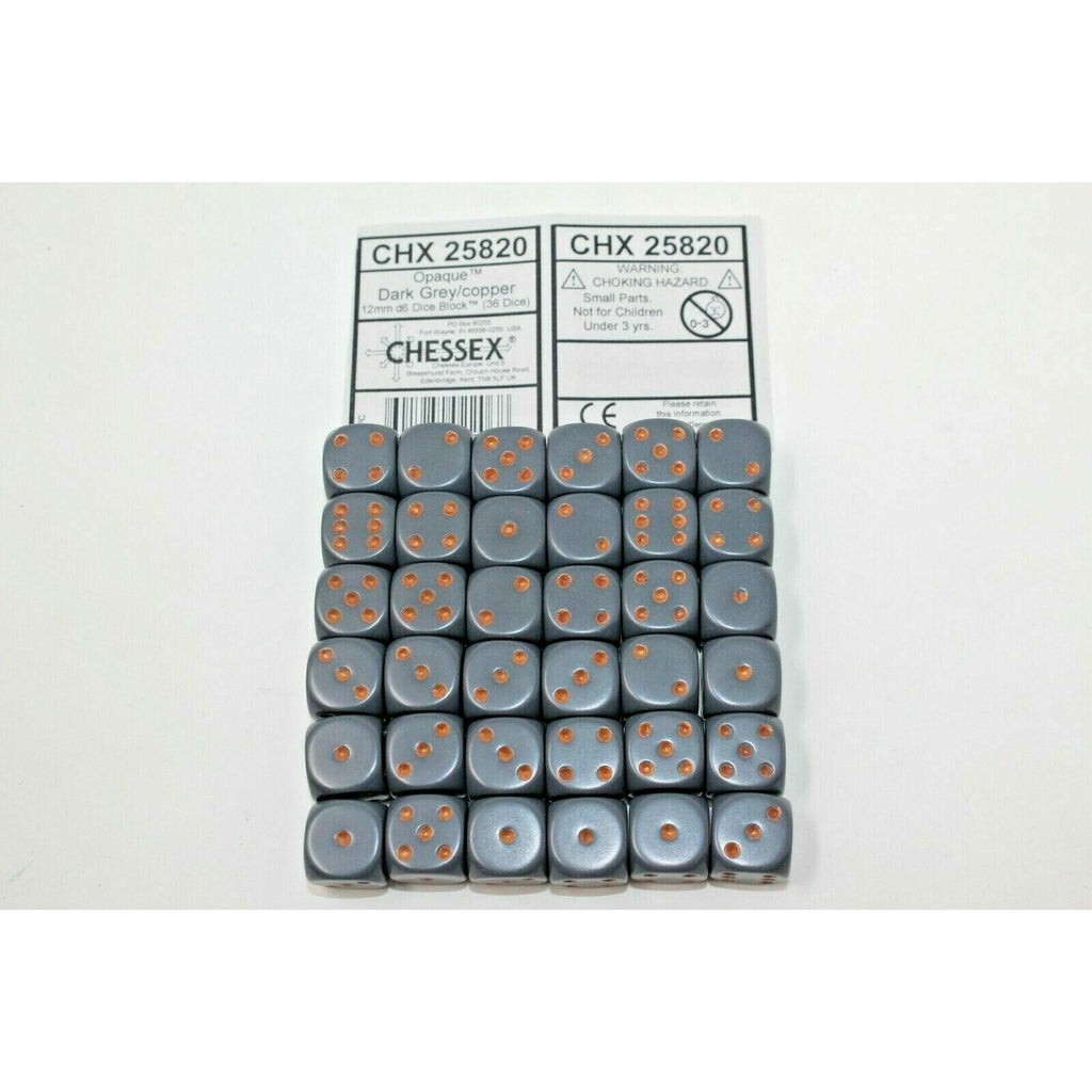 Chessex Dice 12mm D6 (36 Dice) Opaque Dark Grey / Copper - CHX 25820 - Tistaminis