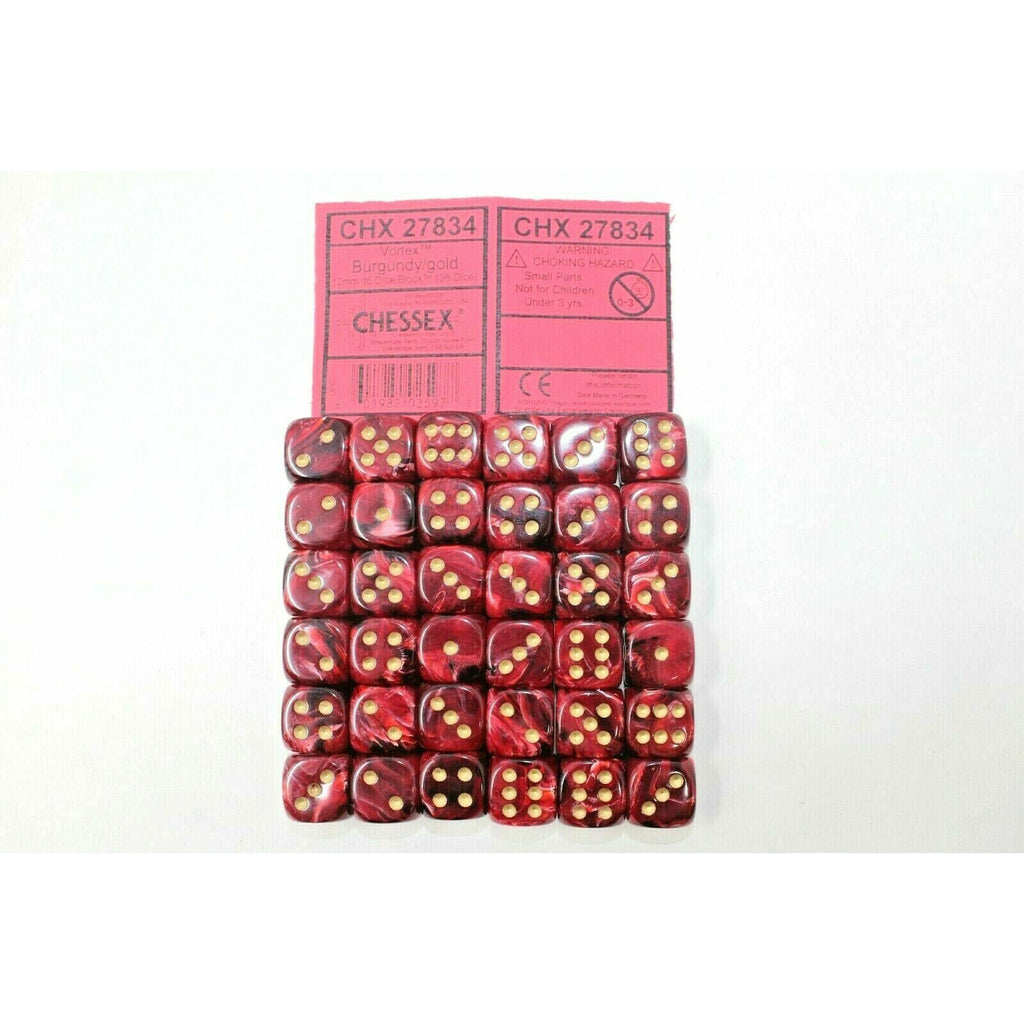 Chessex Dice 12mm D6 (36 Dice) Vortex Burgundy / Gold CHX27834 | TISTAMINIS