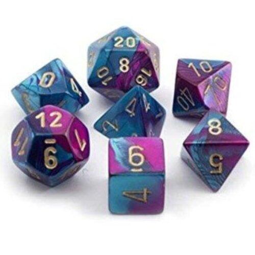 Chessex MINI GEMINI 7-DIE SET PURPLE-TEAL/GOLD New - Tistaminis