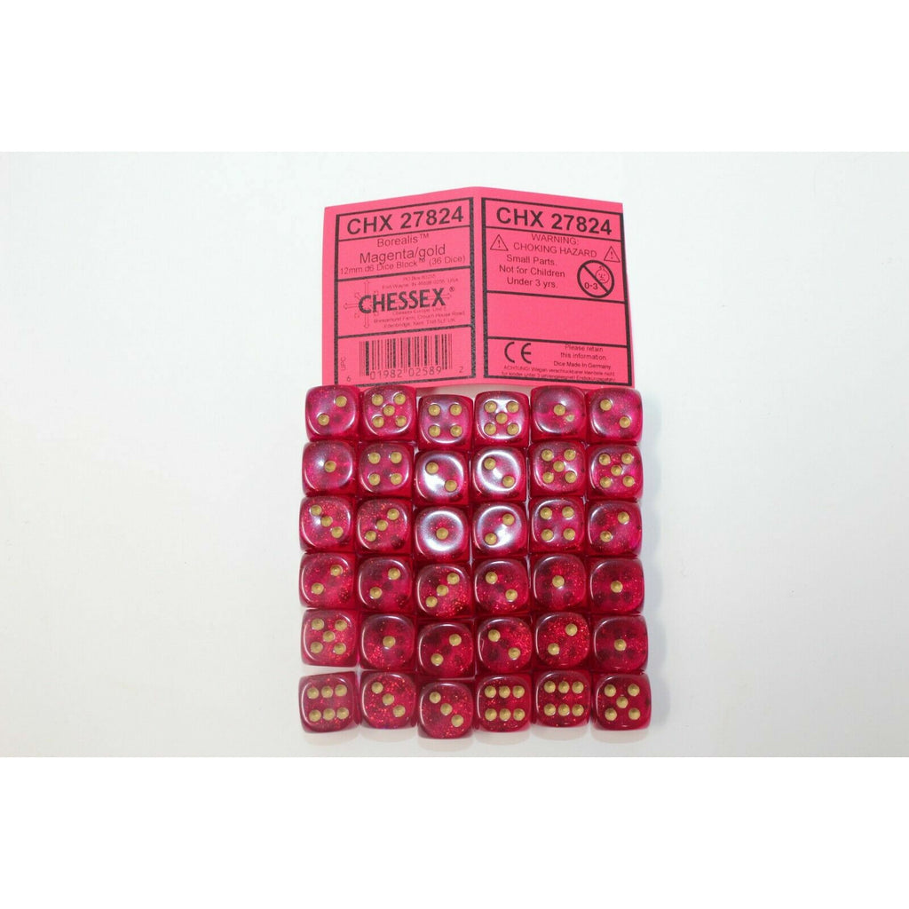 Chessex Dice 12mm D6 (36 Dice) Magenta/Gold - CHX27824 | TISTAMINIS