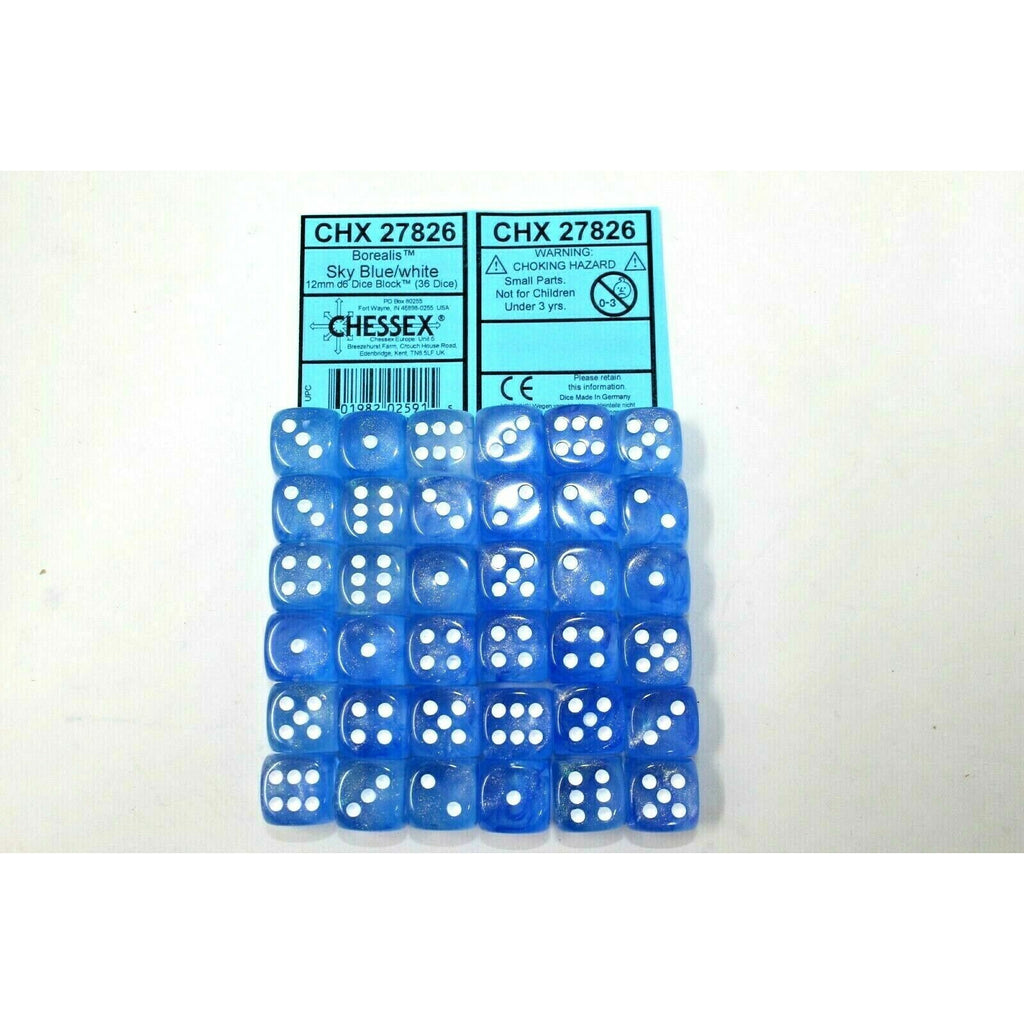 Chessex Dice 12mm D6 (36 Dice) Borealis Sky Blue / White CHX27826 | TISTAMINIS
