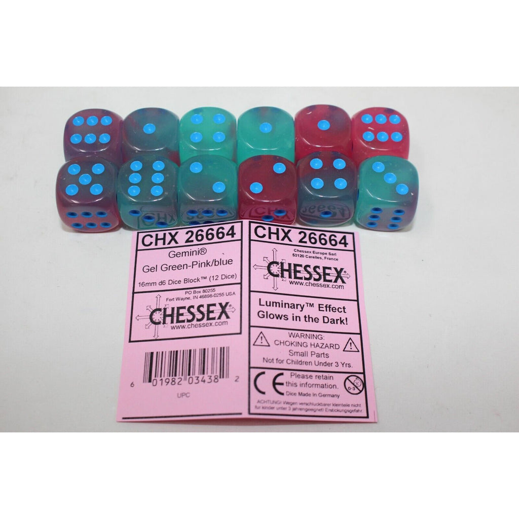 Chessex 	Gel Green Pink with Blue 12 Gemini 16mm Luminary Dice - CHX26664 New - Tistaminis
