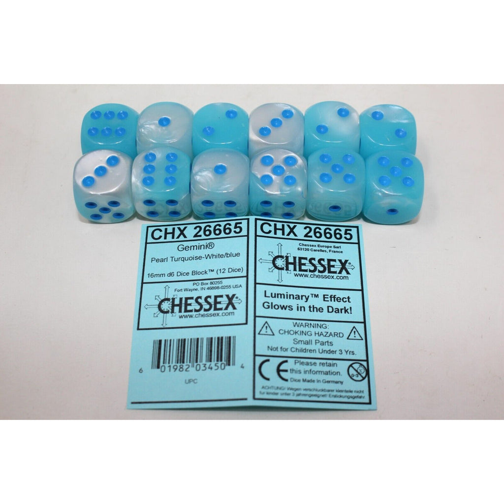 Chessex 	Pearl Turquoise White with Blue 12 Gemini 16mm Luminary Dice - CHX26665 - Tistaminis