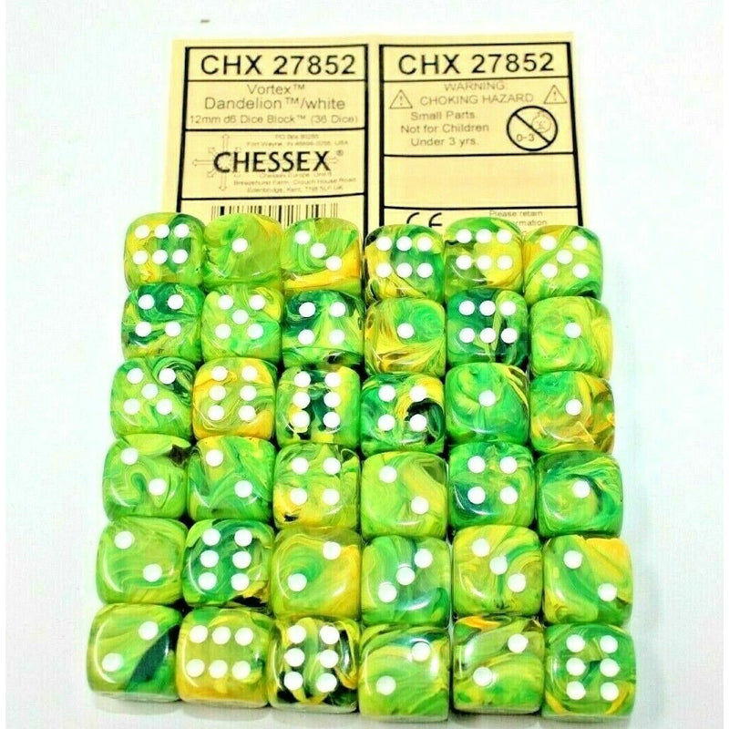 Chessex Dice 12mm D6 (36 Dice) Vortex Dandelion /White CHX27852 - TISTA MINIS