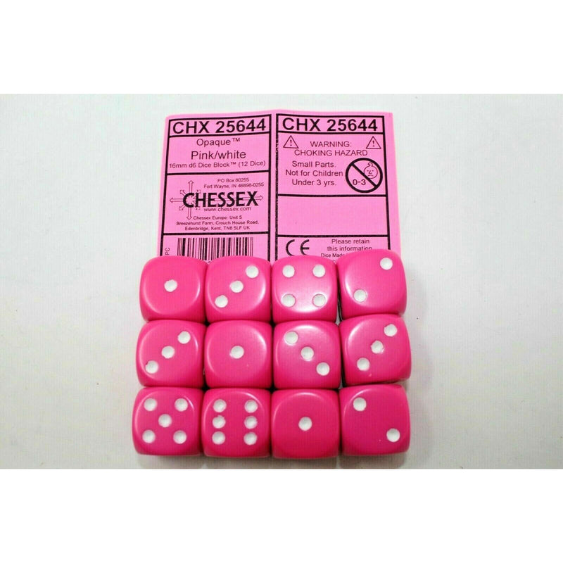 Chessex Dice 16mm D6 (12 Dice) Opaque Pink / White CHX25644 | TISTAMINIS