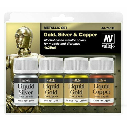 Vallejo GOLD, SILVER & COPPER METALLIC SET ALCOHOL BASED Paint Set New - TISTA MINIS