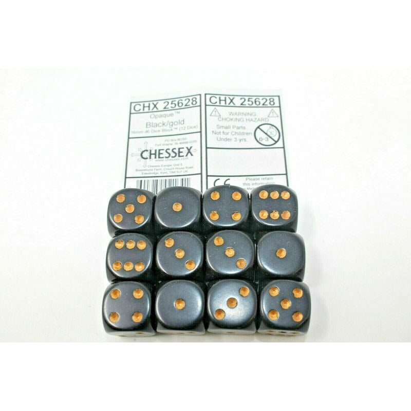 Chessex Dice 16mm D6 (12 Dice) Opaque Black / Gold CHX25628 | TISTAMINIS