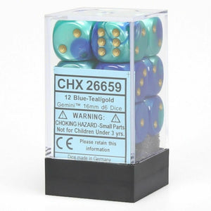 Chessex Dice Gemini: 12D6 Blue-Teal/Gold New - TISTA MINIS