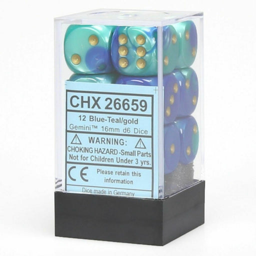 Chessex Dice Gemini: 12D6 Blue-Teal/Gold New - TISTA MINIS