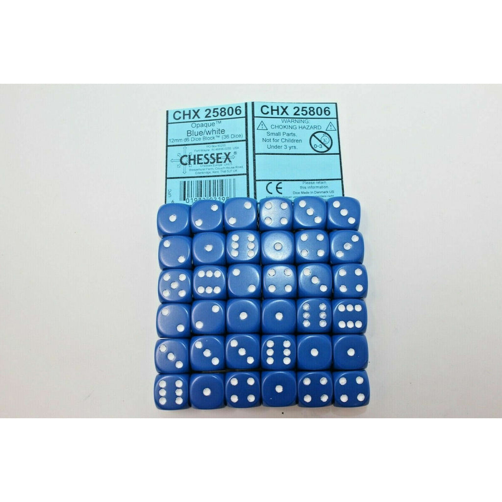 Chessex Dice 12mm D6 (36 Dice) Opaque Blue / White CHX - 25806 - Tistaminis