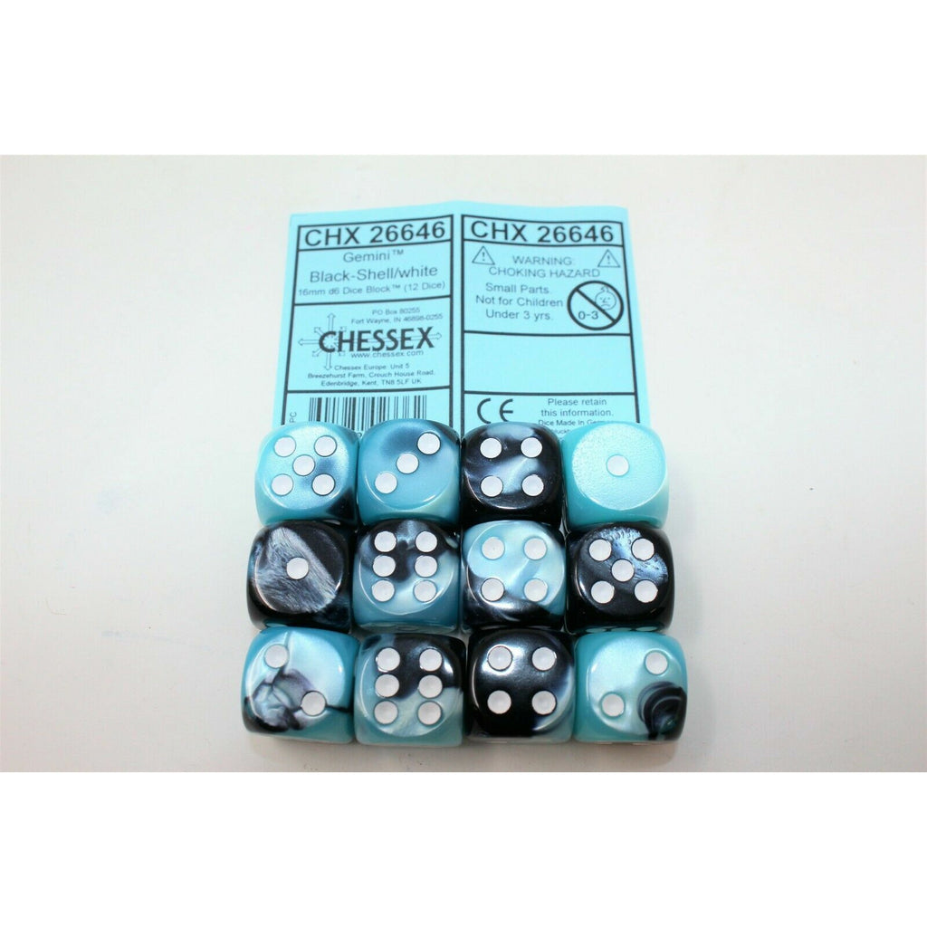 Chessex Black-Shell with White 12 Gemini 16mm Pipped D6 Dice CHX 26646 - TISTA MINIS