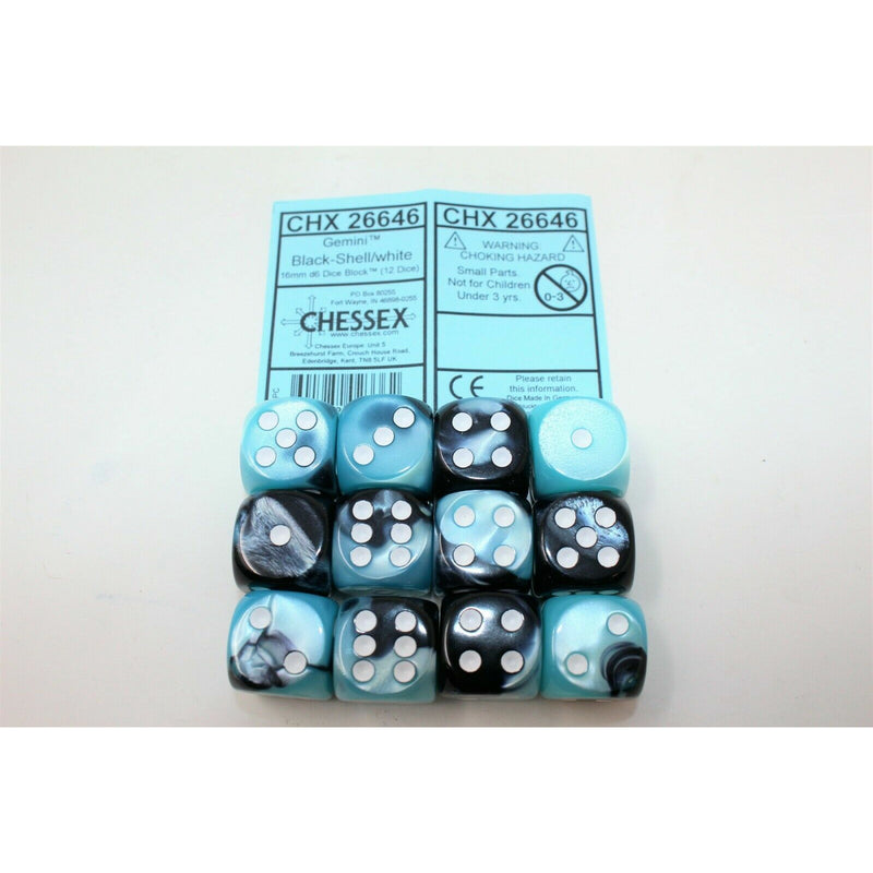 Chessex Black-Shell with White 12 Gemini 16mm Pipped D6 Dice CHX 26646 - TISTA MINIS