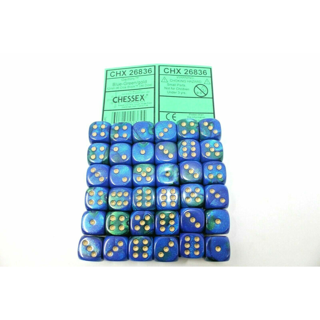 Chessex Dice 12mm D6 (36 Dice) Gemini Blue - Green / Gold CHX26836 | TISTAMINIS