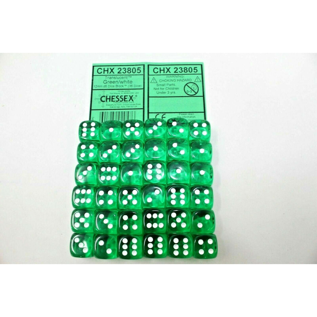Chessex Dice 12mm D6 (36 Dice) Translucent Green / White CHX23805 | TISTAMINIS