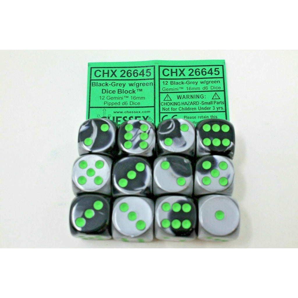 Chessex Black-Grey with Green 12 Gemini 16mm Pipped D6 Dice CHX 26645 - TISTA MINIS