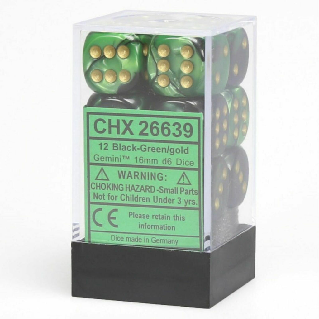 Chessex Dice Gemini: 12D6 Black-Green/Gold New CHX26639 - TISTA MINIS