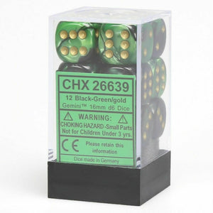 Chessex Dice Gemini: 12D6 Black-Green/Gold New CHX26639 - TISTA MINIS