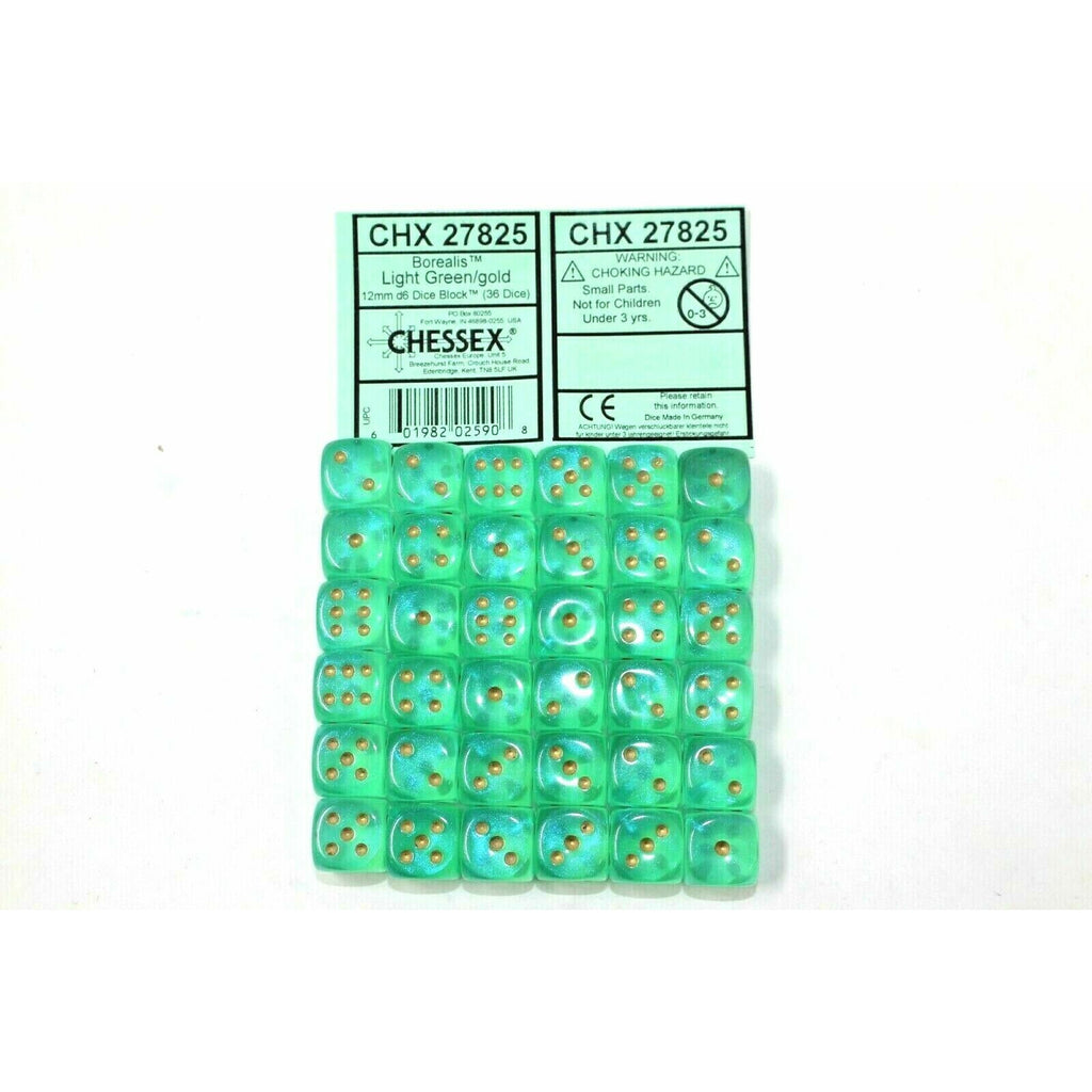 Chessex Dice 12mm D6 (36 Dice) Borealis Light Green / Gold CHX27825 | TISTAMINIS