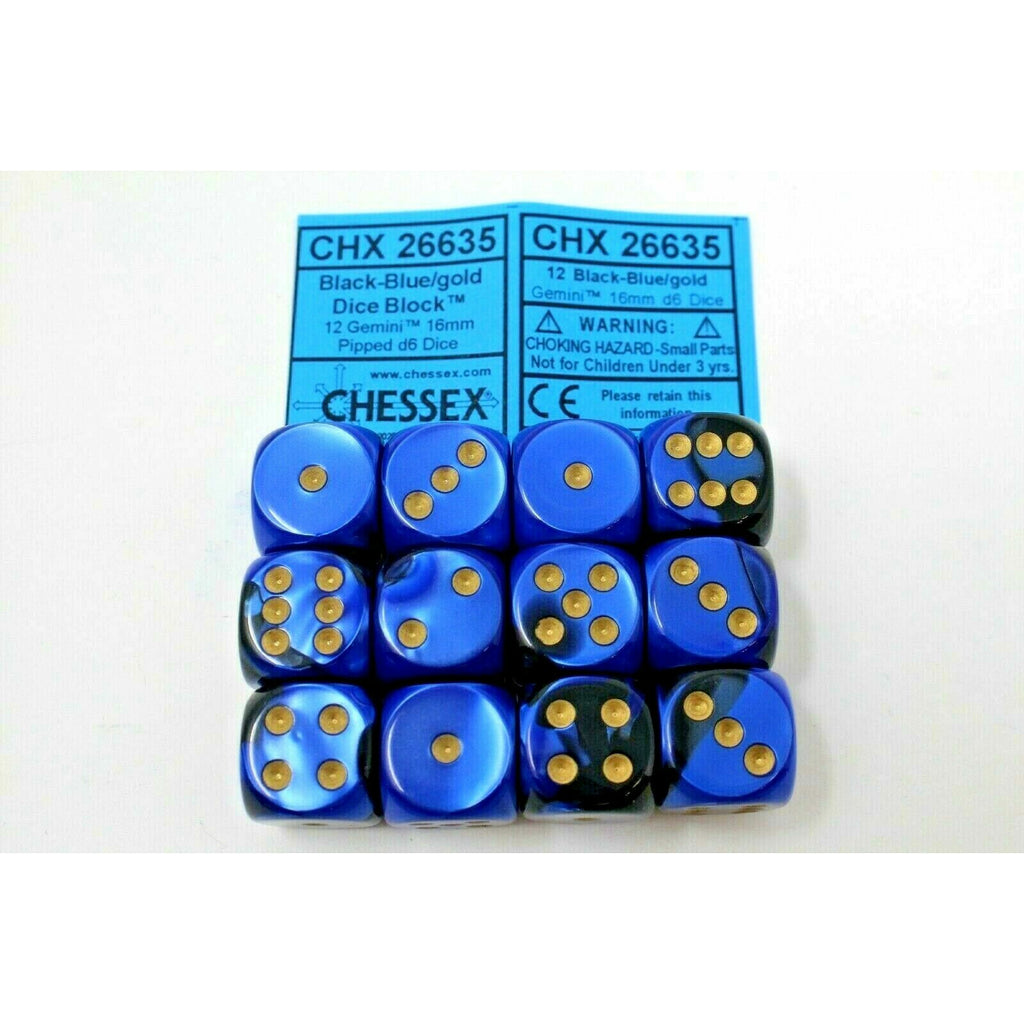 Chessex Black-Blue/Gold 12 Gemini 16mm Pipped D6 Dice CHX 26635 - TISTA MINIS