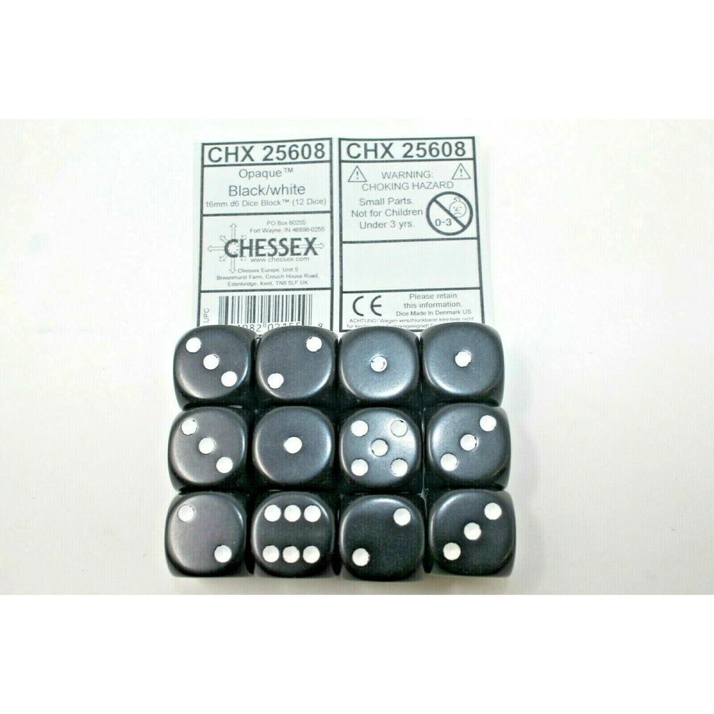 Chessex Dice 16mm D6 (12 Dice) Opaque Black / White CHX25608 | TISTAMINIS