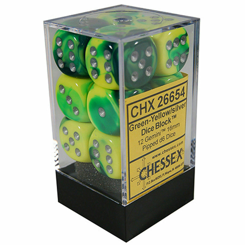 Chessex Dice Gemini: 12D6 Green-Yellow/Silver New - TISTA MINIS