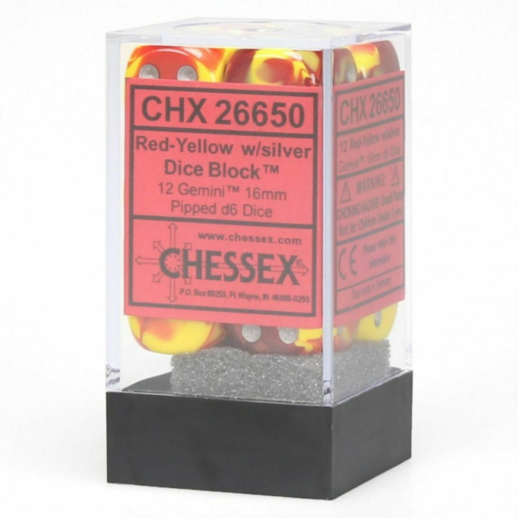 Chessex Gemini Red-Yellow Silver D6 Dice Set CHX26650 New - TISTA MINIS